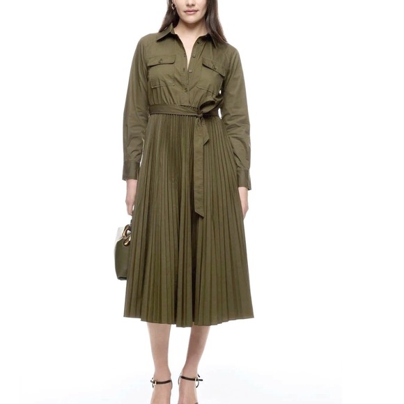 Derek Lam Collective Pleated Green Midi Shirt Dress Size 0 Women Olive Green RTR - Picture 3 of 10